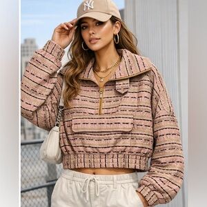 Intermix cropped Silk Top women’s size 4 1/4 front zipper lightweight pink brown